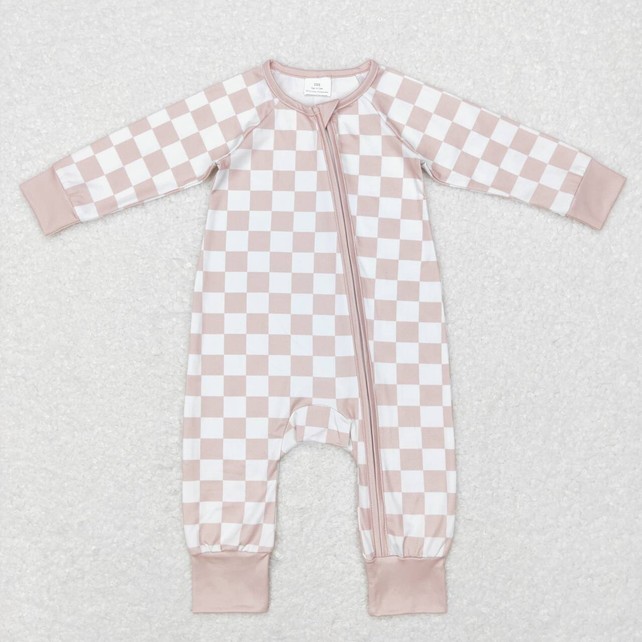 LR0809 Khaki Plaid Print Baby Kids Sleeper Zipper Romper