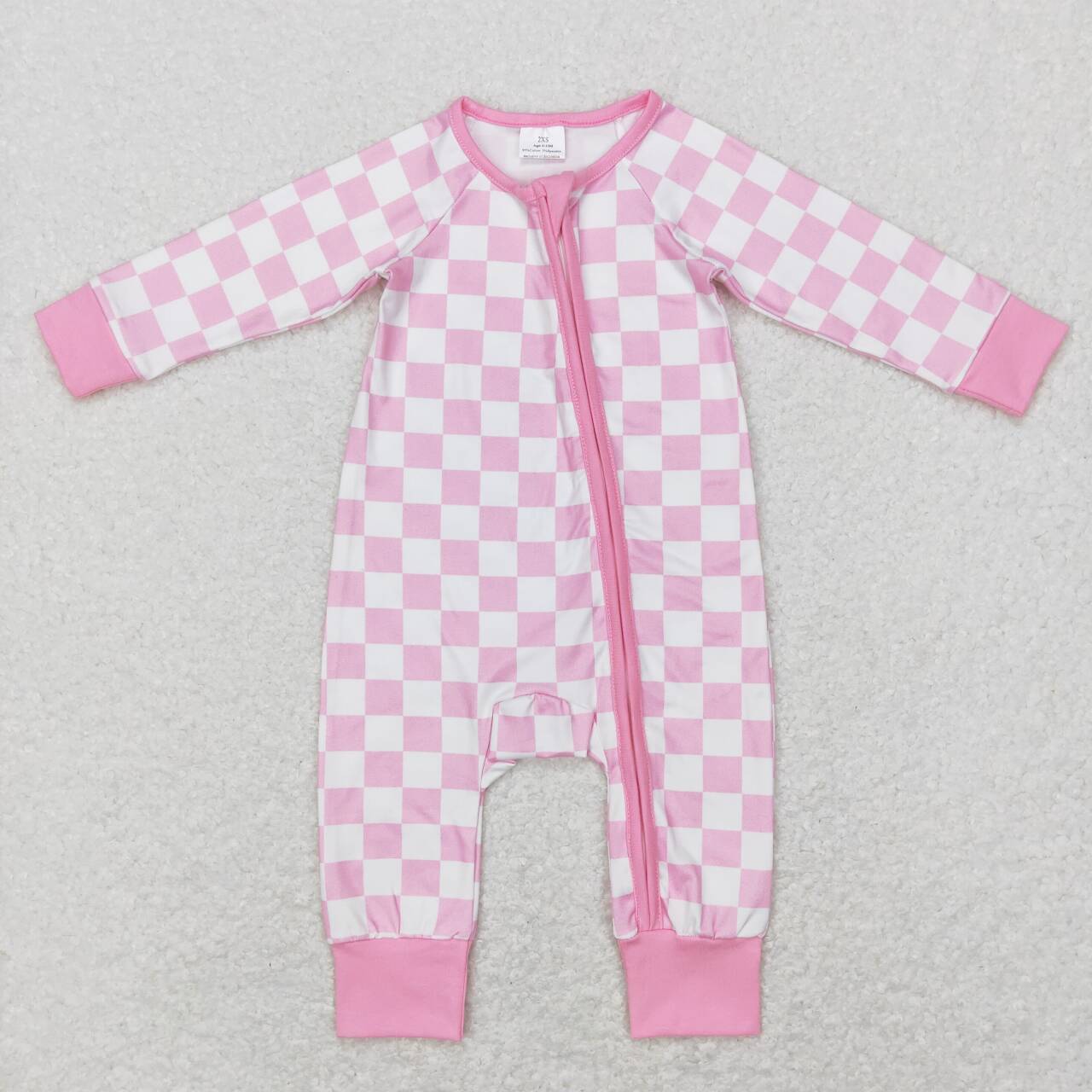 LR0810 Pink Plaid Print Baby Girls Sleeper Zipper Romper