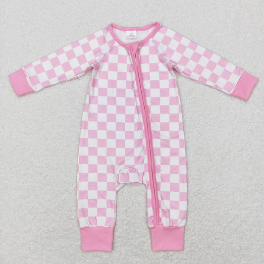LR0810 Pink Plaid Print Baby Girls Sleeper Zipper Romper