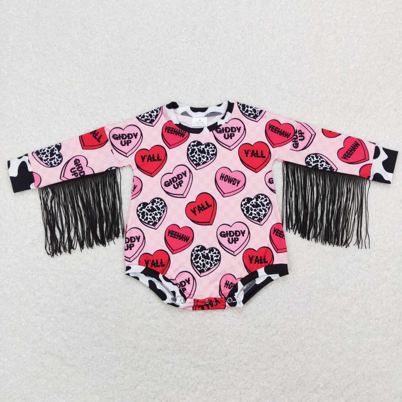 GLP1152 Howdy Heart Print Tassels Romper Top Bell Pants Baby Girls Valentine's Clothes Set