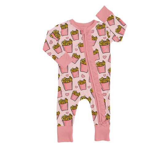 (Pre-order)LR0820 Fries Pink Heart Print Baby Girls Sleeper Zipper Romper