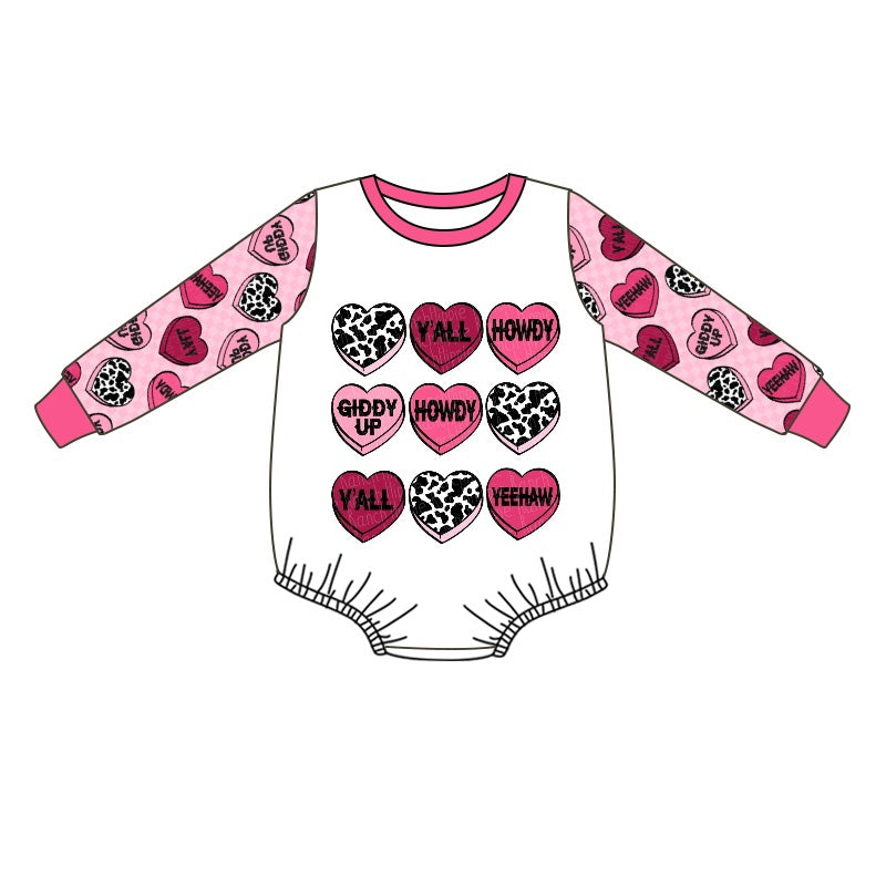 (Pre-order)LR0821 Y'all Howdy Pink Heart Print Baby Western Valentine's Romper