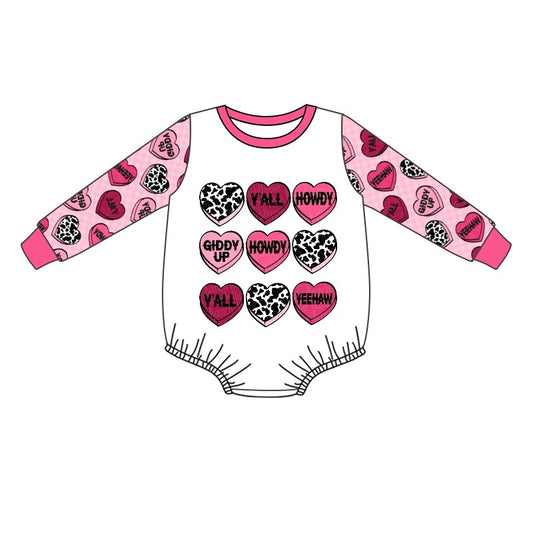 (Pre-order)LR0821 Y'all Howdy Pink Heart Print Baby Western Valentine's Romper