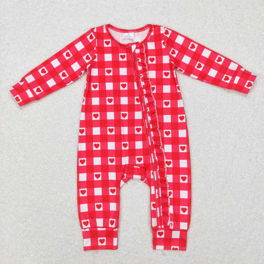 LR0832 Red Plaid Heart Print Baby Girls Valentine's Zipper Romper