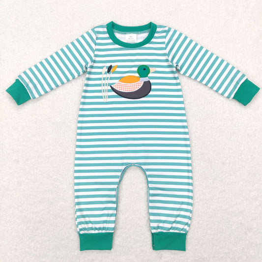 LR0834 Green Stripes Duck Embroidery Baby Boys Romper