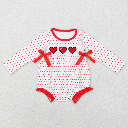 LR0835 Red Dots Heart Embroidery Print Baby Girls Valentine's Romper