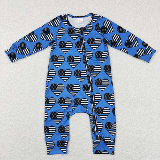 LR0850  Blue Flag Hearts Print Baby Boys Sleeper Zipper Romper