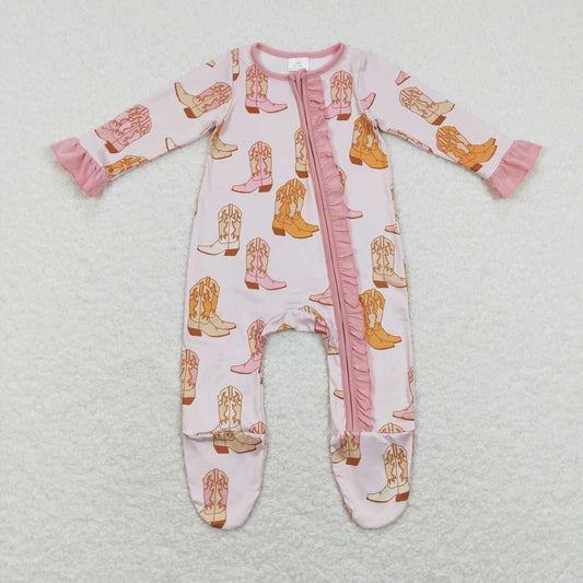 LR0852   Pink Boots Print Baby Girls Western Sleeper Zipper Romper