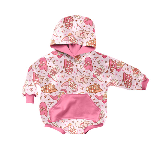 (Pre-order)LR0736 Hat Boots Heart Print Baby Girls Hoodie Valentine's Romper