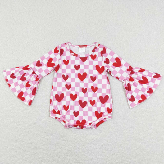 LR0865 Pink Plaid Heart Print Baby Girls Valentine's Romper