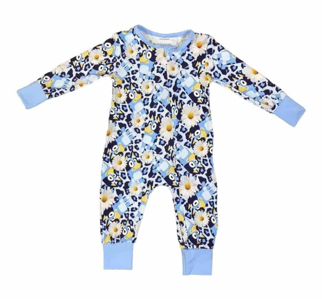 (Pre-order)LR0876 Blue Cartoon Dog Daisy Print Baby Boys Zipper Romper