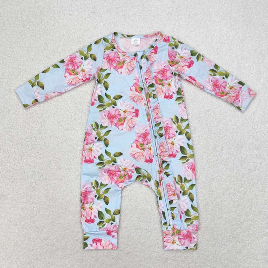 LR0880 Blue Flowers Print Baby Girls Bamboo Zipper Sleeper Romper