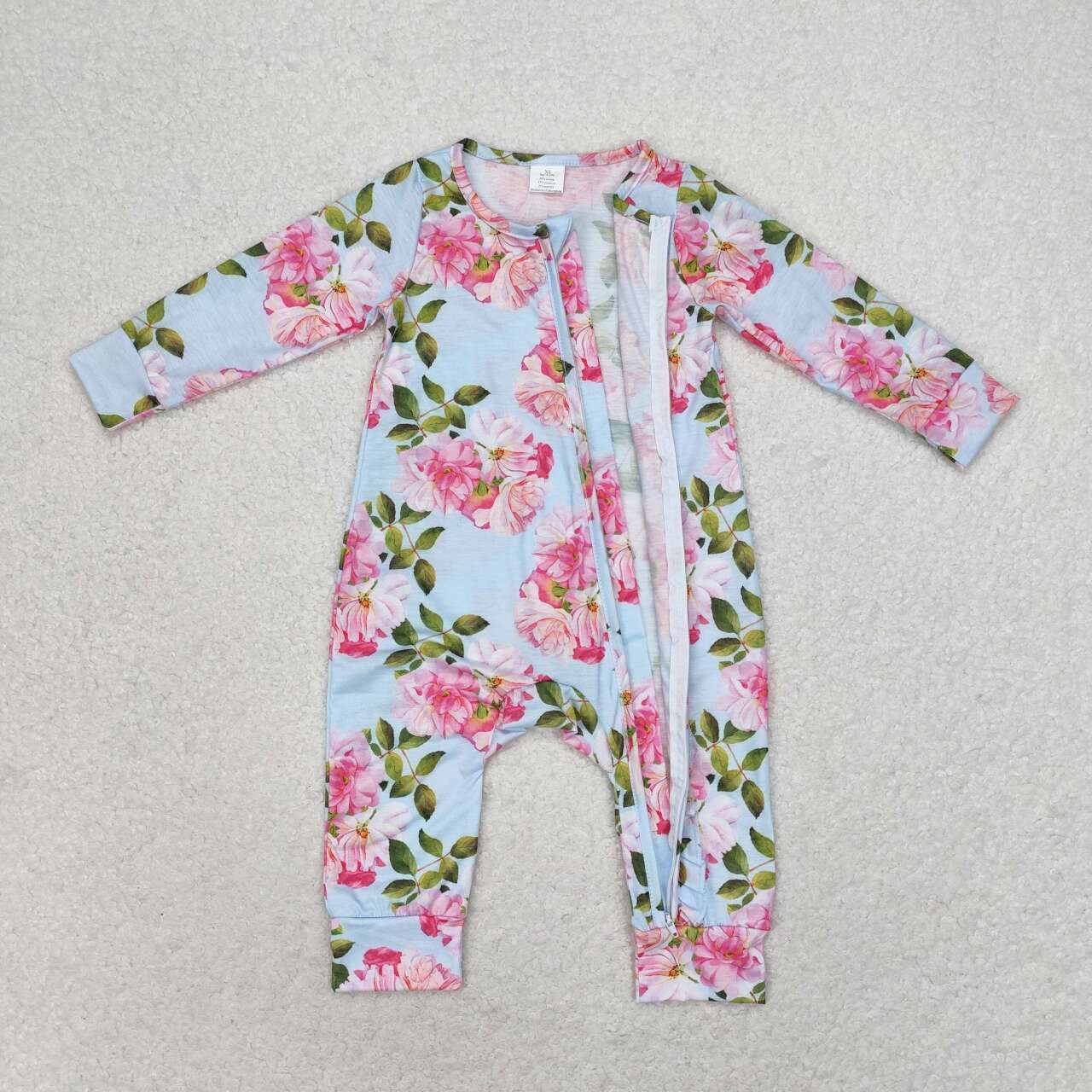 LR0880 Blue Flowers Print Baby Girls Bamboo Zipper Sleeper Romper