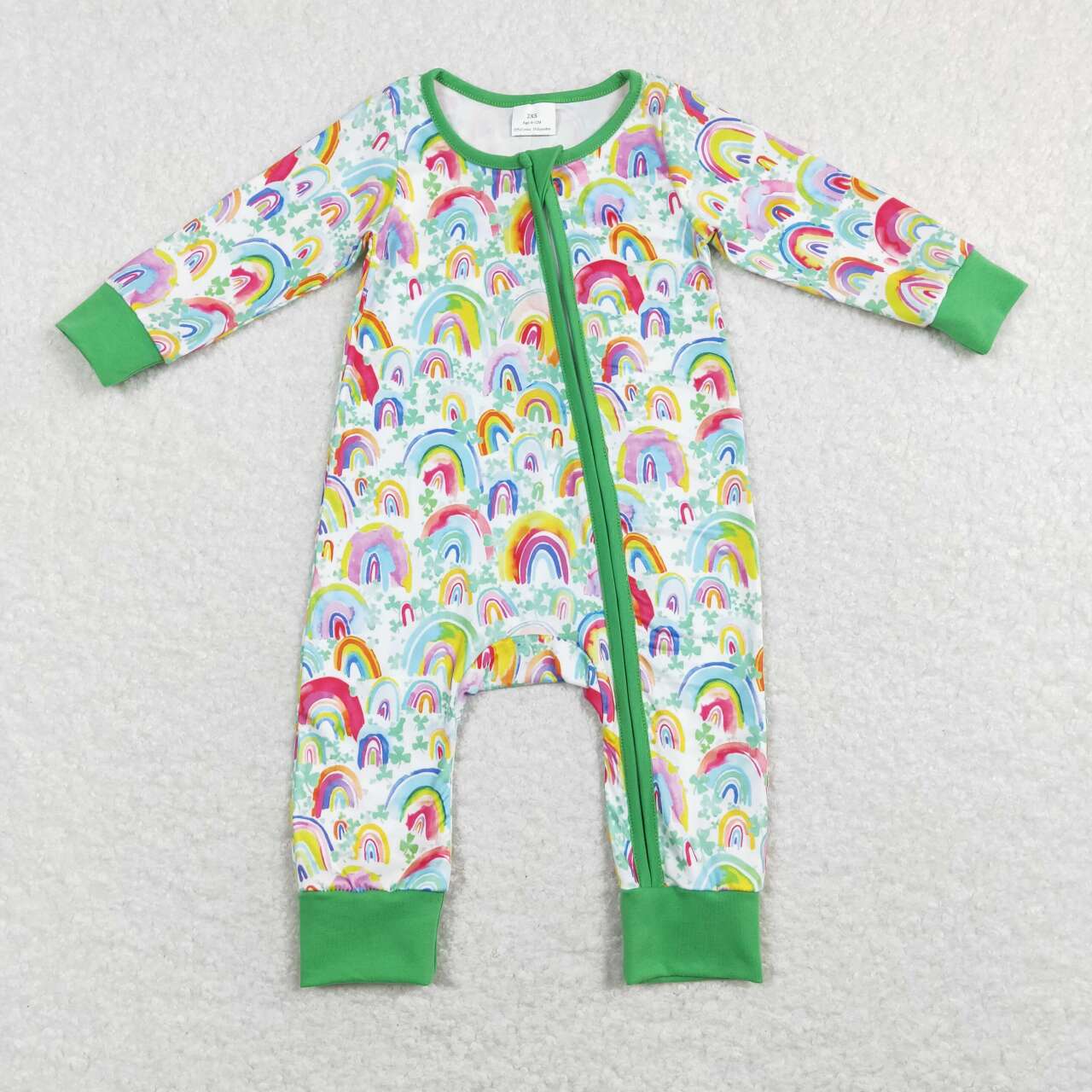 LR0883 Green Quatrefoil Rainbow Print Baby Girls St. Patrick's Zipper Romper