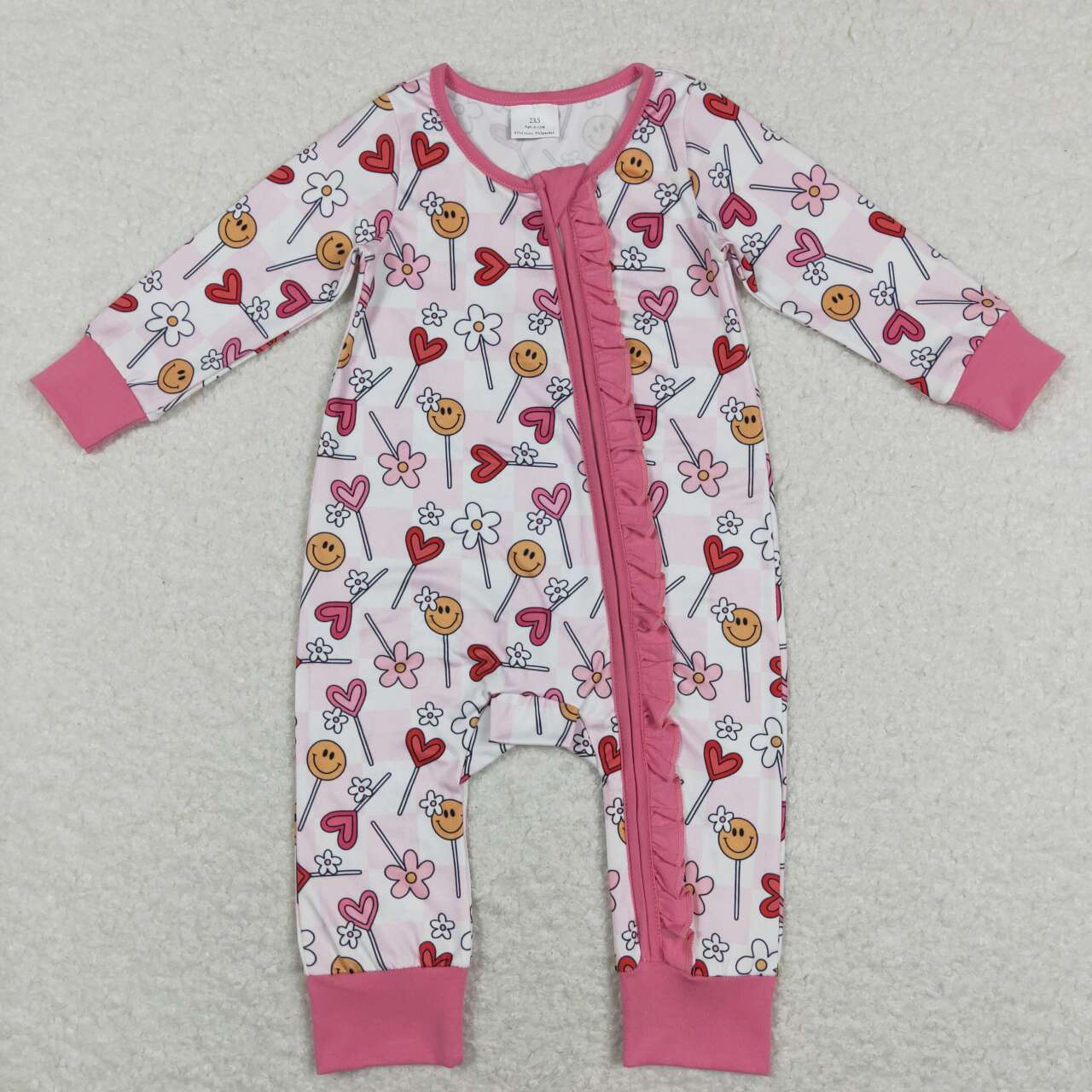 LR0884 Heart Flowers Smiling Lollipop Print Baby Girls Valentine's Sleeper Zipper Romper