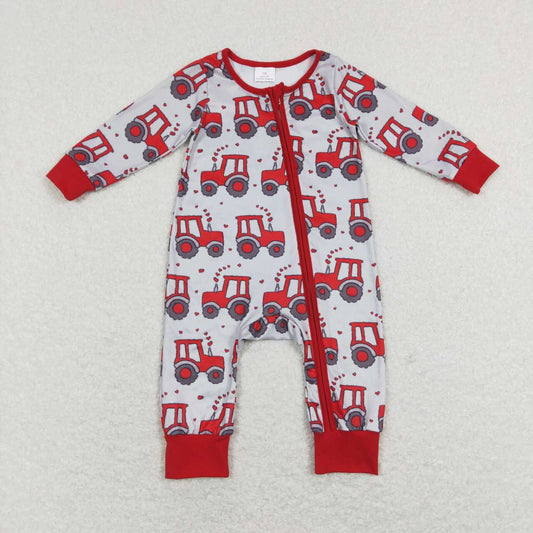 LR0887 Tractors Heart Grey Print Baby Boys Valentine's Sleeper Zipper Romper