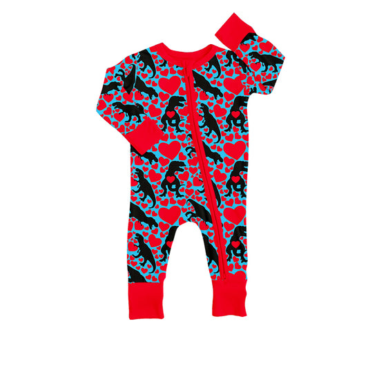 (Pre-order)LR0892 Dino Heart Print Baby Boys Valentine's Zipper Romper