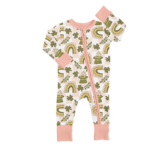 (Pre-order)LR0893 Quatrefoil Rainbow Hat Print Baby Girls St. Patrick's Zipper Romper