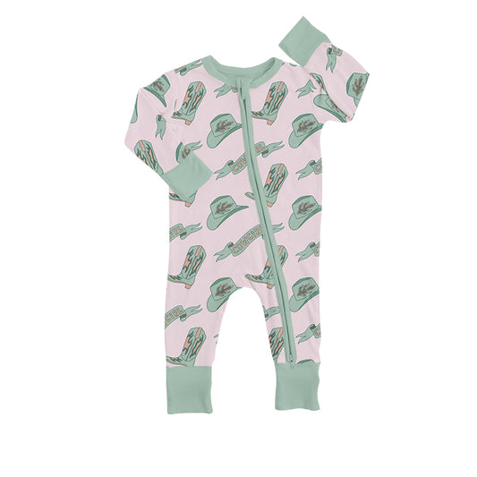(Pre-order)LR0898  Boots Hat Print Baby Girls Zipper Western Romper