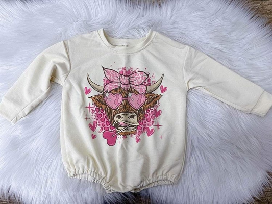 (Pre-order)LR0905  Pink Heifer Heart Print Baby Girls Valentine's Romper