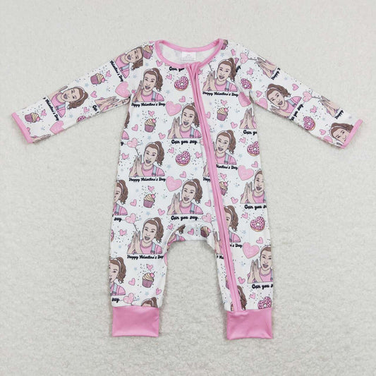 LR0906  Cartoon Teacher Pink Print Baby Girls Valentine's Zipper Romper