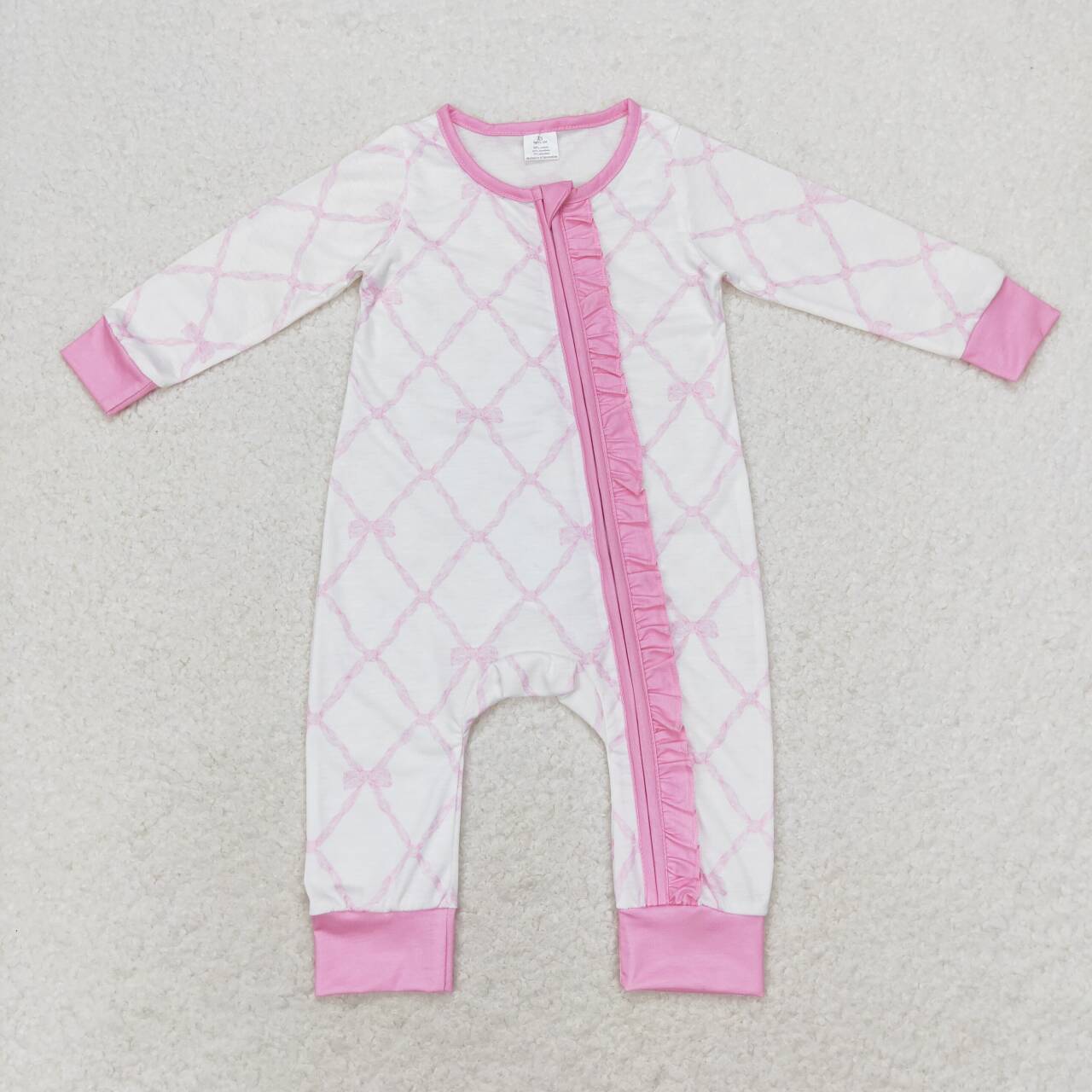 LR0921 Pink Bows Print Baby Girls Bamboo Zipper Sleeper Romper