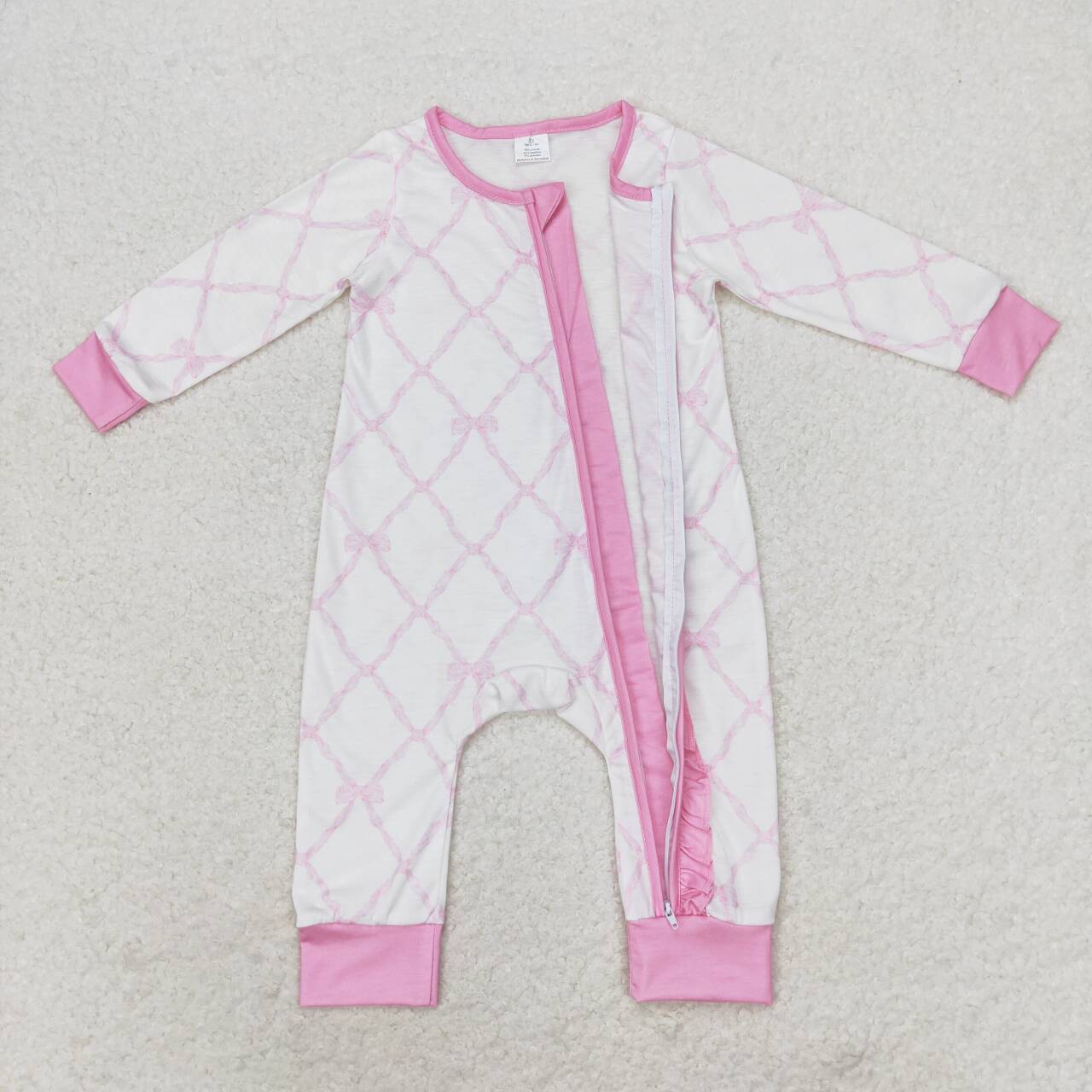 LR0921 Pink Bows Print Baby Girls Bamboo Zipper Sleeper Romper