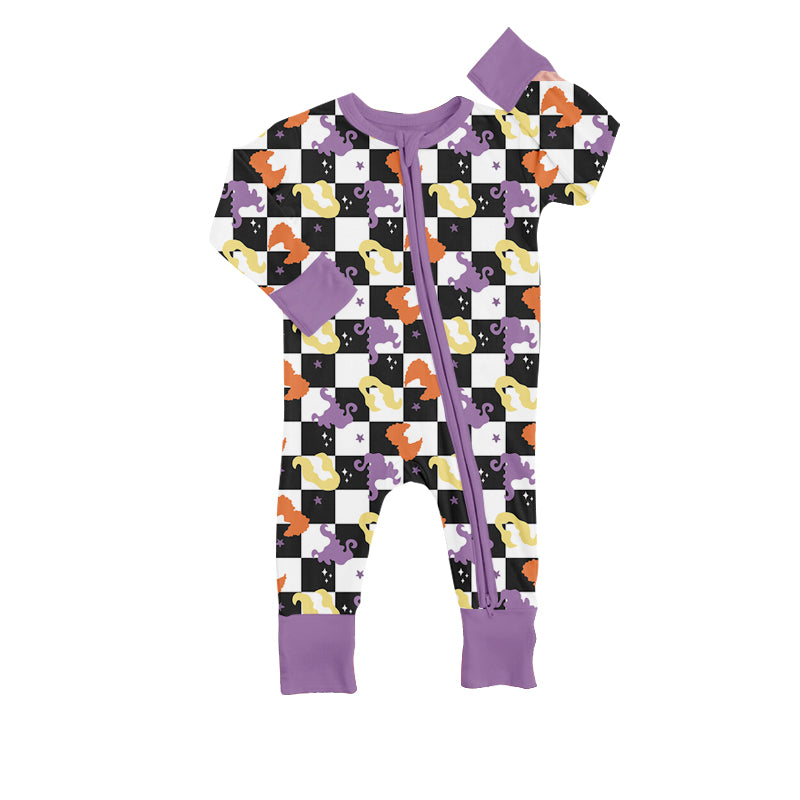 (Pre-order)LR0938 Witch Plaid Print Baby Girls Halloween Zipper Romper