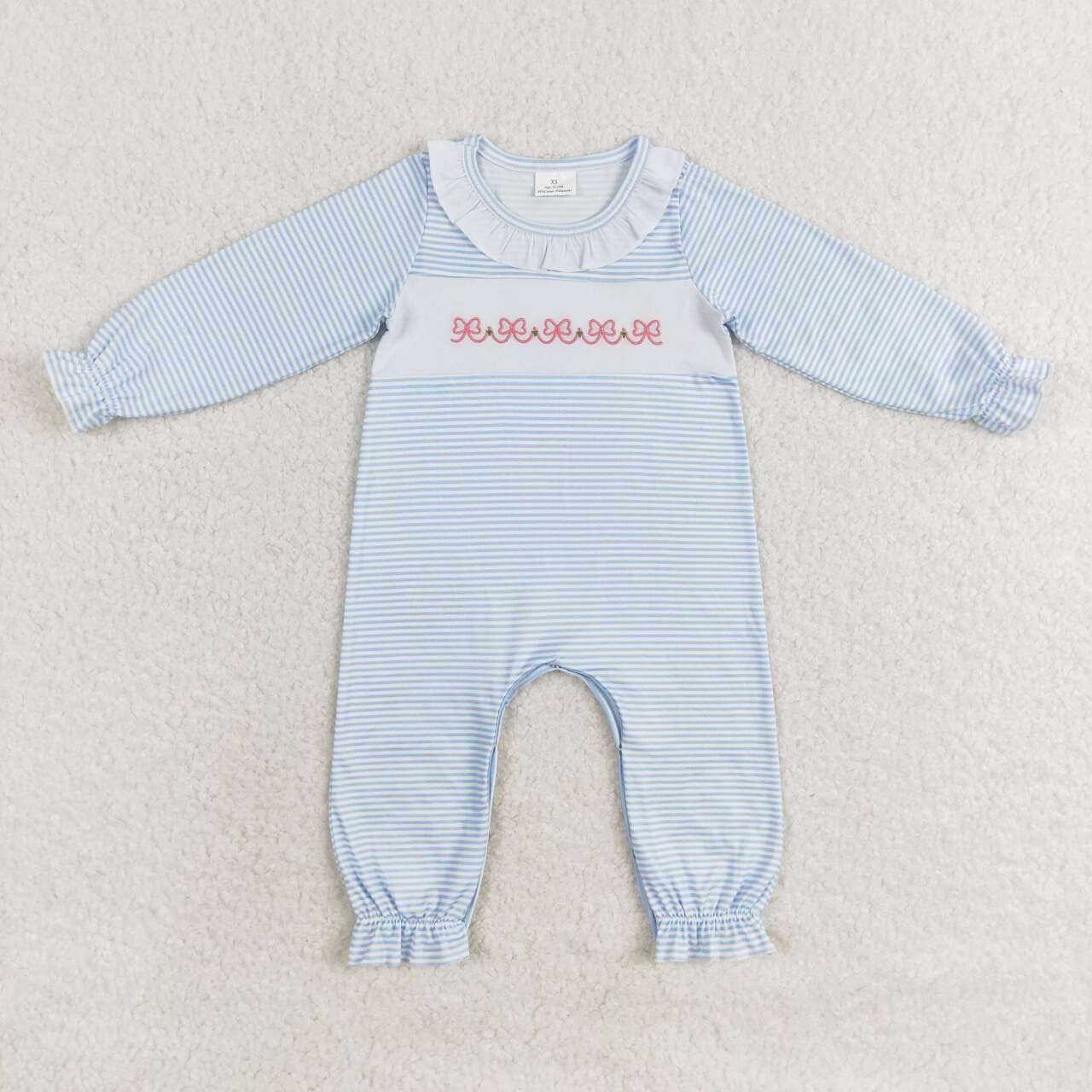 LR0941 Bows Embroidery Blue Stripes Print Baby Girls Long Sleeve Romper