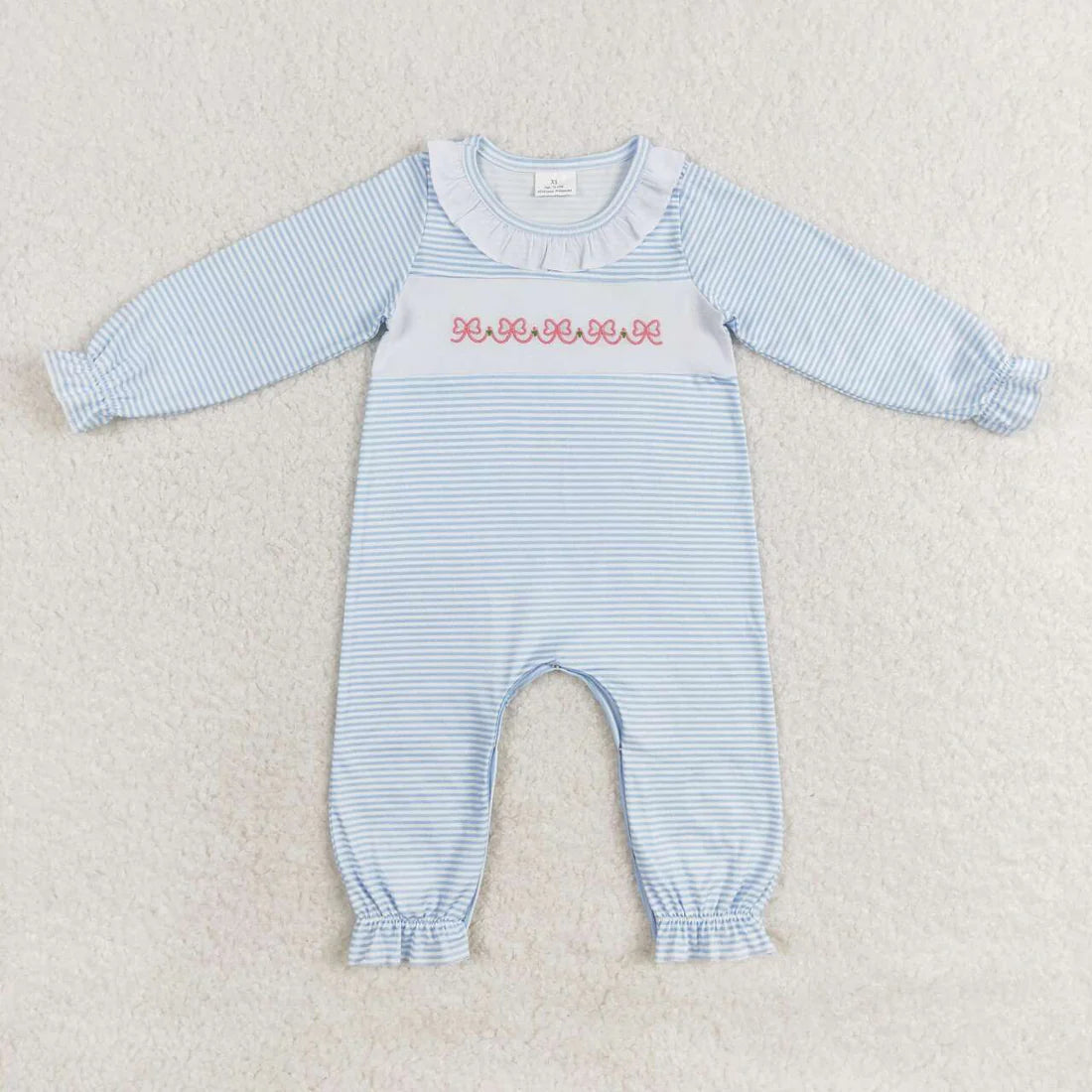 Bows Embroidery Blue Stripes Print Sister Matching Clothes