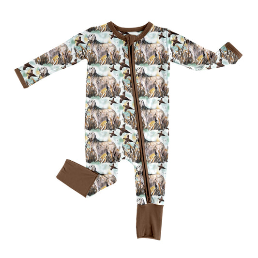 (Pre-order)LR0946 Dog Duck Hunting Brown Print Baby Boys Sleeper Zipper Romper