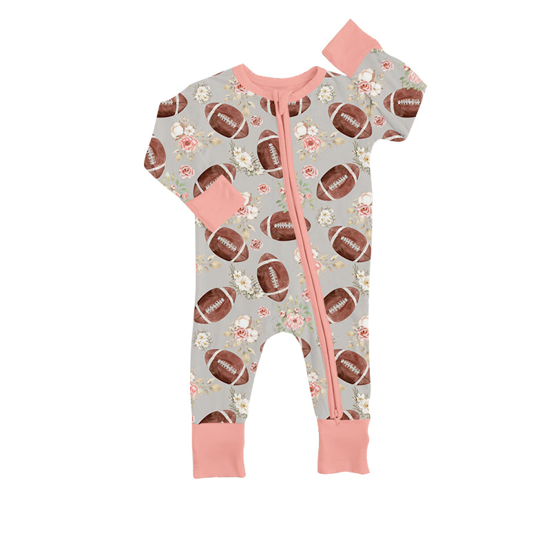 (Pre-order)LR0960 Flowers Football Print Baby Girls Fall Zipper Sleeper Romper