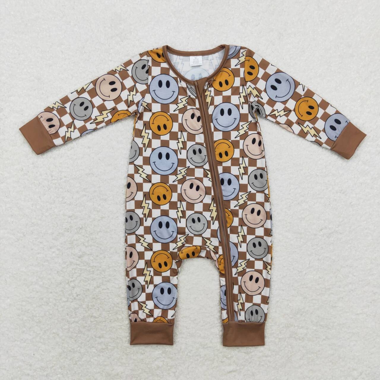 LR0961 Smiling Face Plaid Flash Print Baby Boys Fall Bamboo Sleeper Zipper Romper