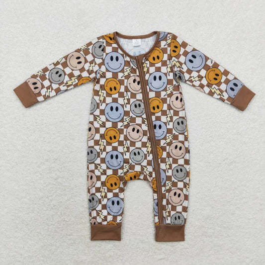 LR0961 Smiling Face Plaid Flash Print Baby Boys Fall Bamboo Sleeper Zipper Romper