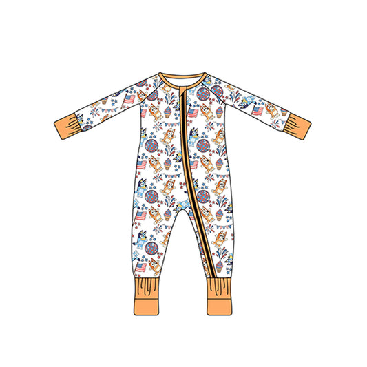 (Custom Design Preorder MOQ 5) Cartoon Dog Flag Disco Print Baby Boys Sleeper Zipper Romper