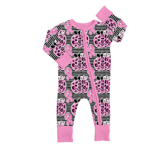 (Pre-order)LR0965 Pink Leopard Pumpkin Print Baby Girls Fall Sleeper Zipper Romper