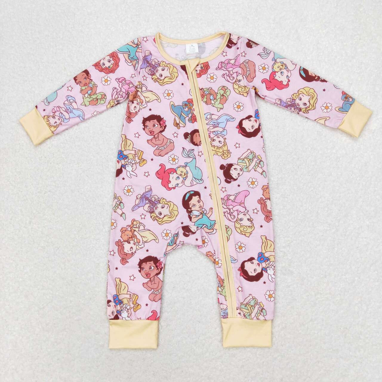 LR0968 Cartoon Princess Flowers Print Baby Girls Fall Bamboo Sleeper Zipper Romper