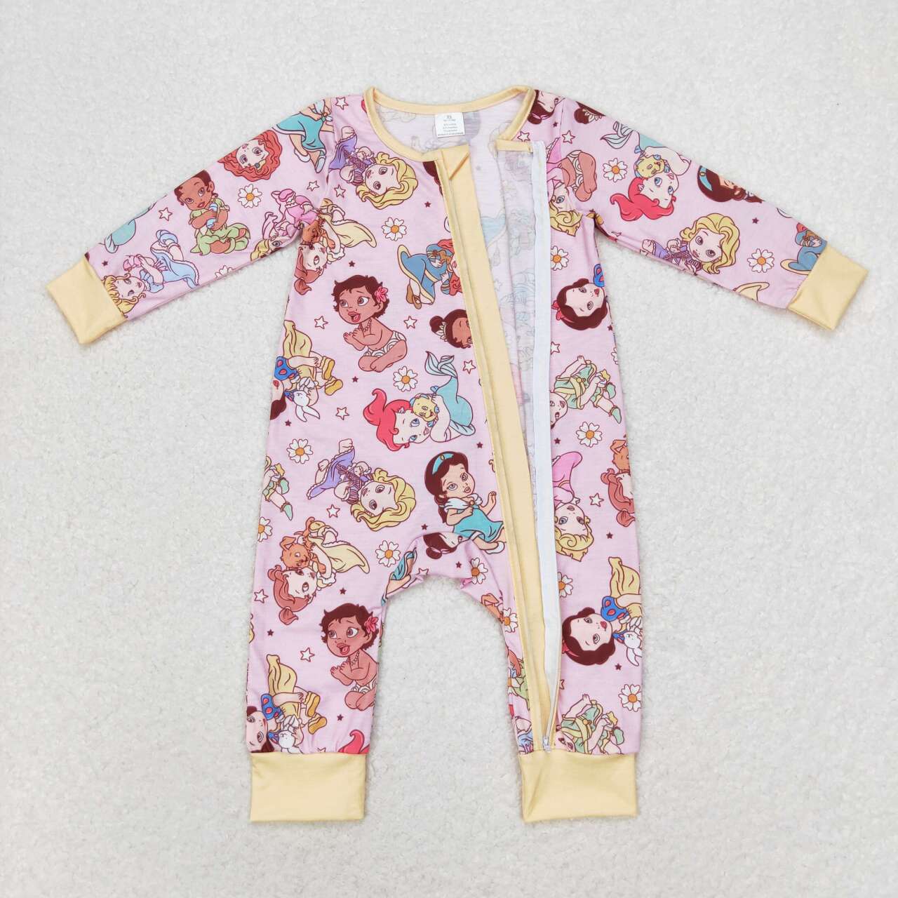 LR0968 Cartoon Princess Flowers Print Baby Girls Fall Bamboo Sleeper Zipper Romper