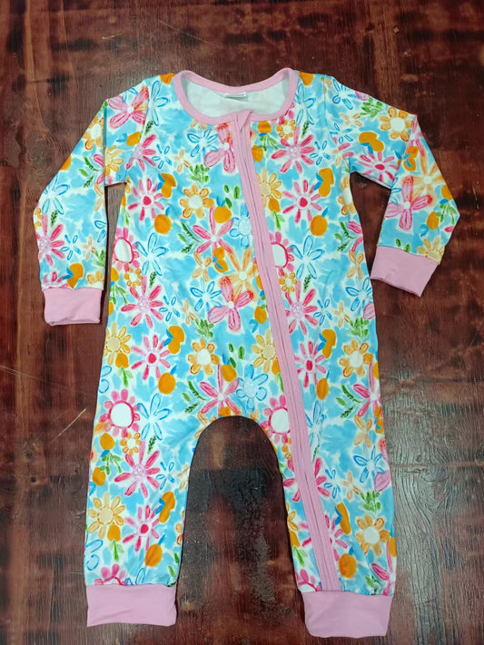 (Custom Design Preorder MOQ 5) Flowers Print Baby Girls Fall Sleeper Zipper Romper