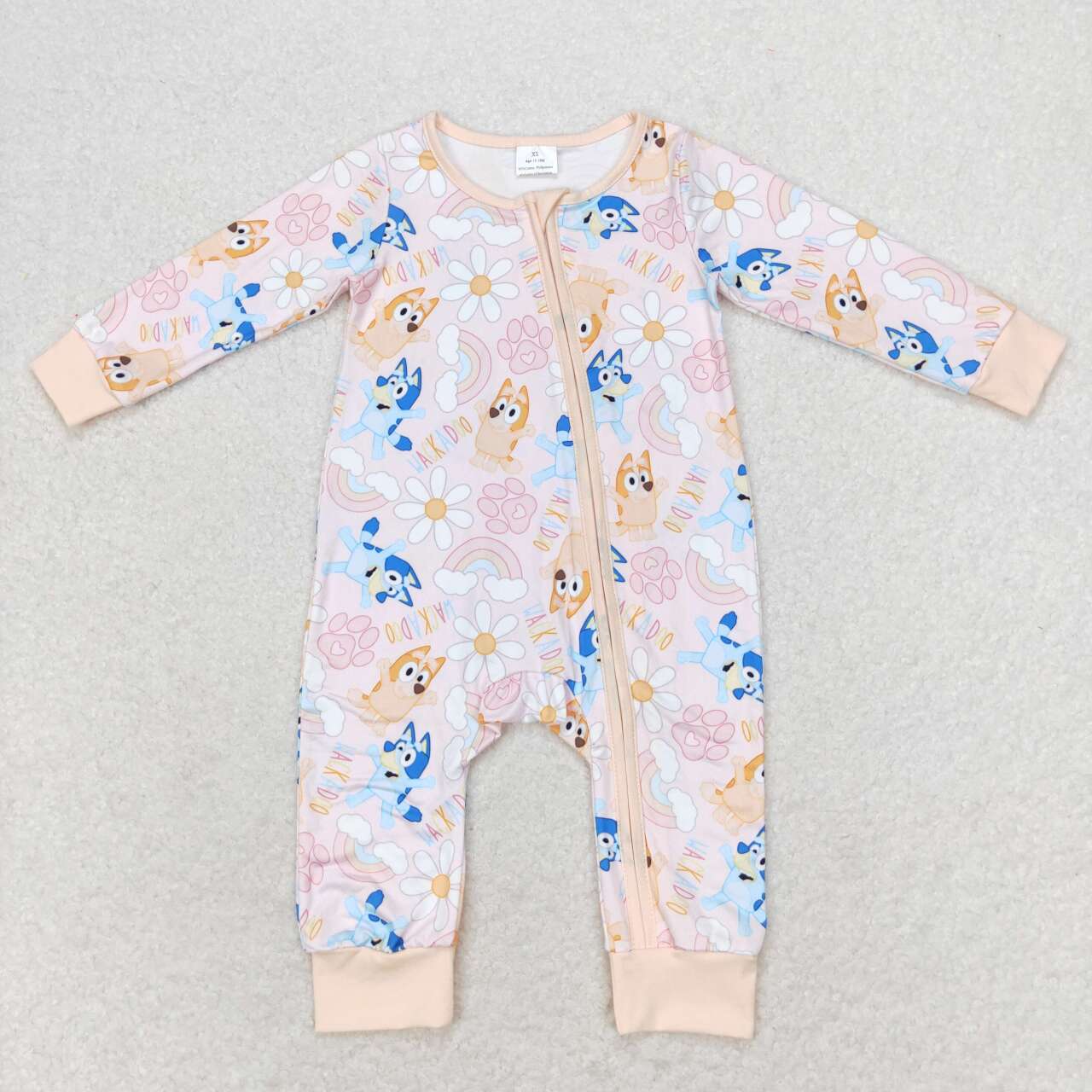 LR0976 Cartoon Dog Flowers Print Baby Girls Fall Sleeper Zipper Romper