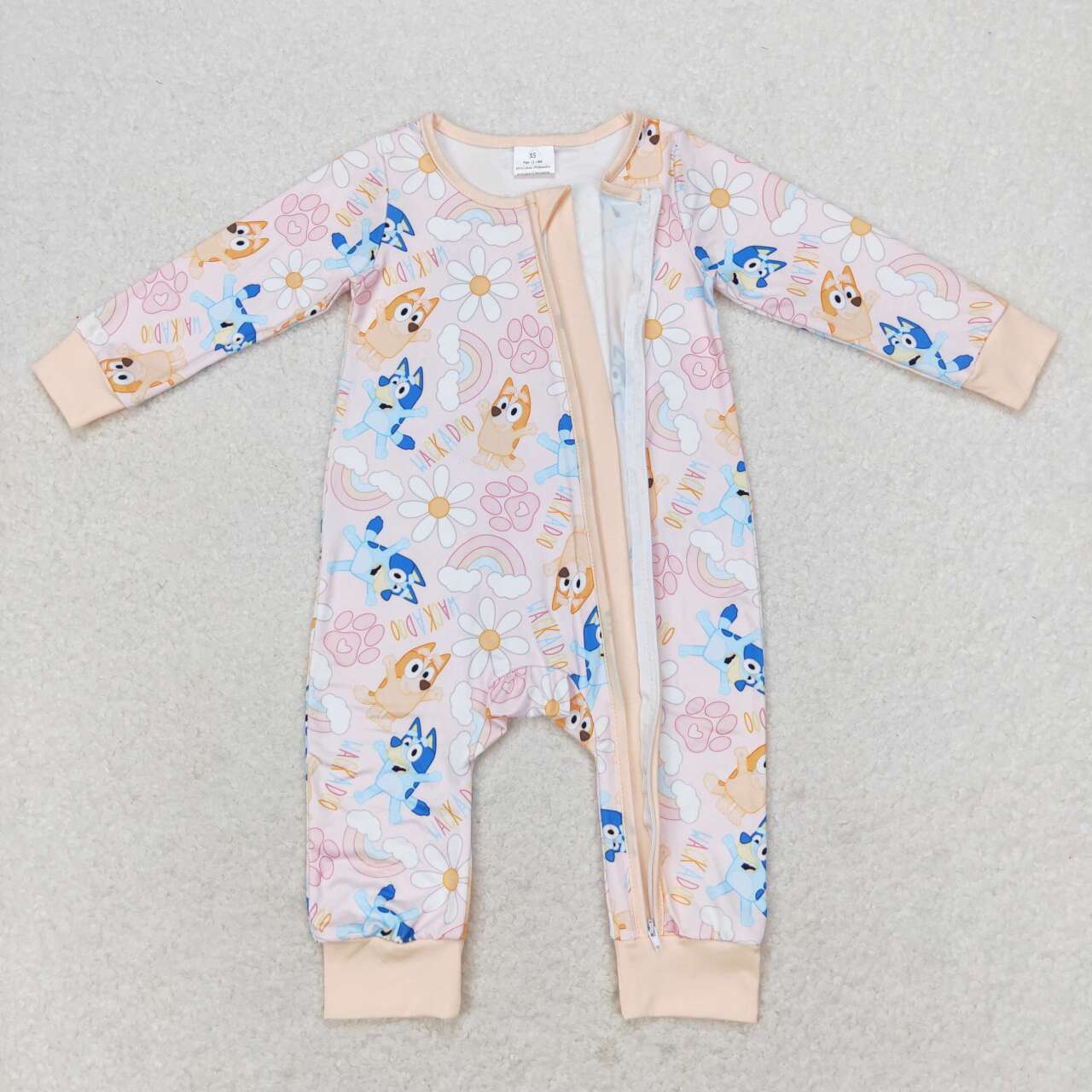 LR0976 Cartoon Dog Flowers Print Baby Girls Fall Sleeper Zipper Romper