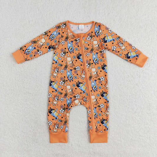 LR0982 Cartoon Dog Flowers Print Baby Girls Fall Bamboo Sleeper Zipper Romper