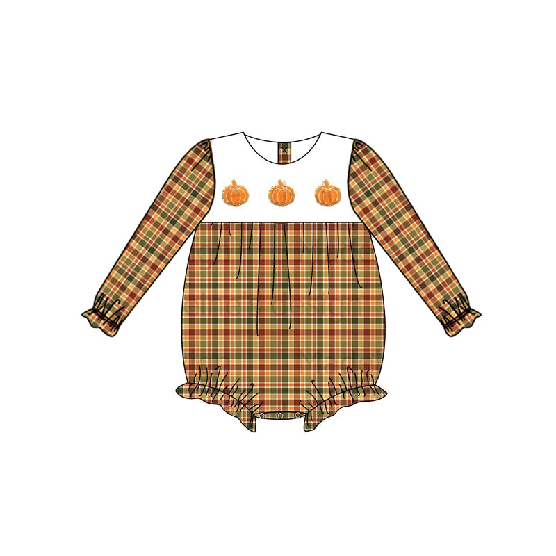 (Pre-order)LR0991 Pumpkin Plaid Print Baby Girls Fall Romper