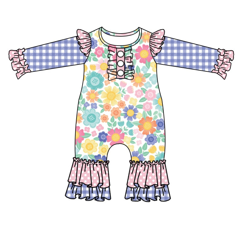 (Pre-order)LR1005 Colorful Flowers Print Baby Girls Fall Romper