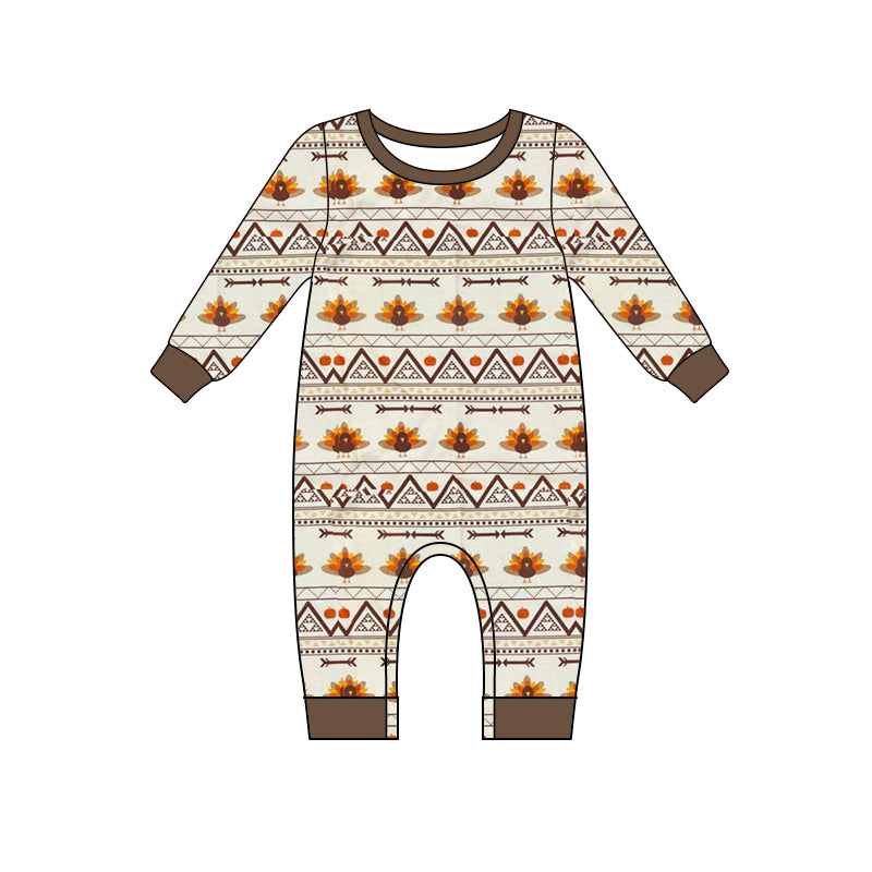 (Pre-order)LR1011 Turkey Aztec Pumpkin Print Baby Thanksgiving Romper