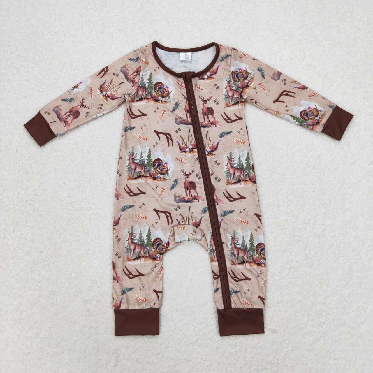 LR1014 Deer Turkey Hunting Print Baby Fall Bamboo Sleeper Zipper Romper