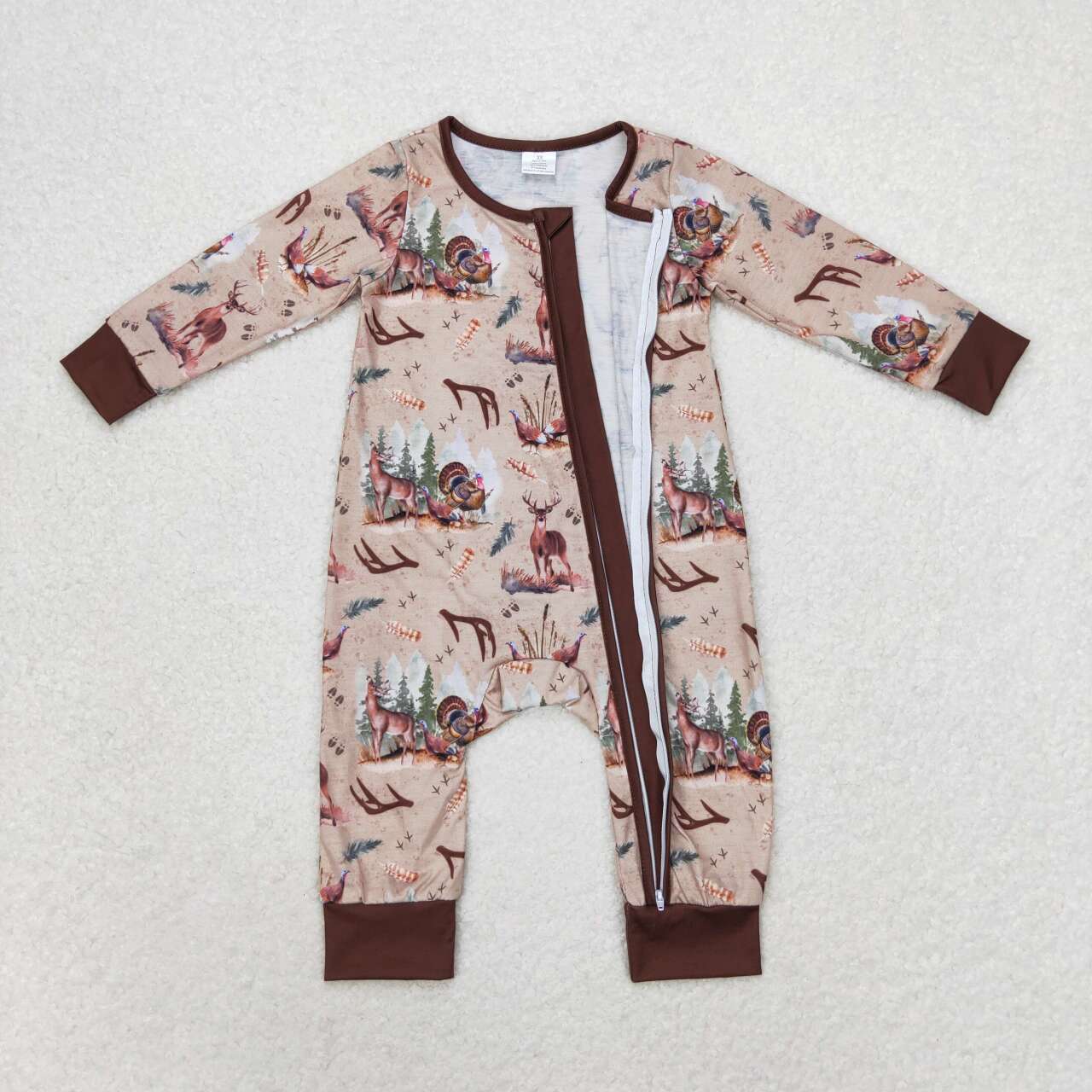 LR1014 Deer Turkey Hunting Print Baby Fall Bamboo Sleeper Zipper Romper