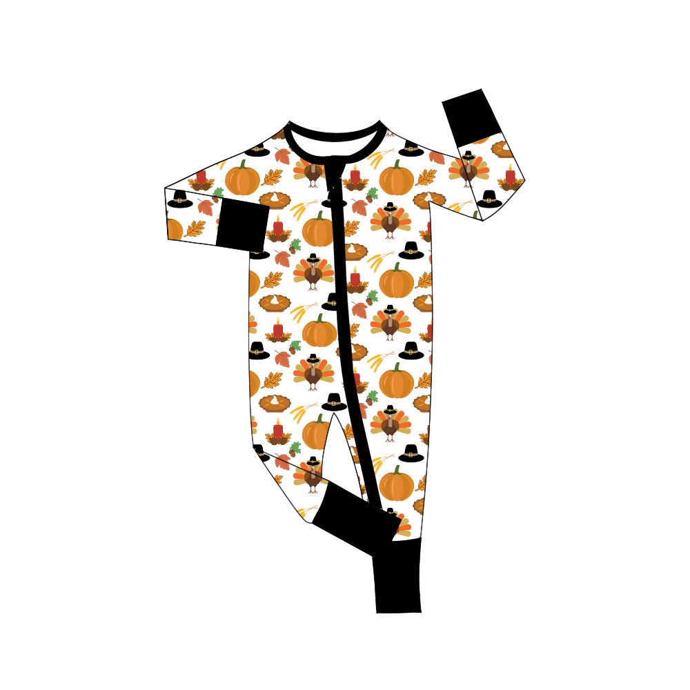 (Pre-order)LR1016 Turkey Pupkin Print Baby Thanksgving Sleeper Zipper Romper