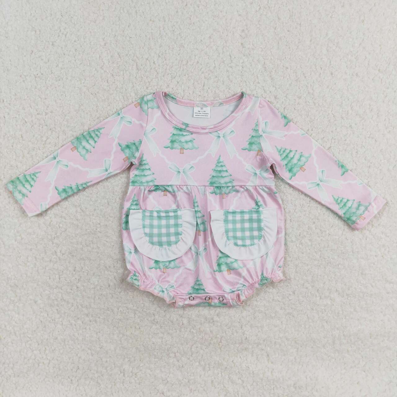 LR1018 Christmas Tree Print Baby Girls Pockets Romper