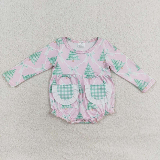 LR1018 Christmas Tree Print Baby Girls Pockets Romper